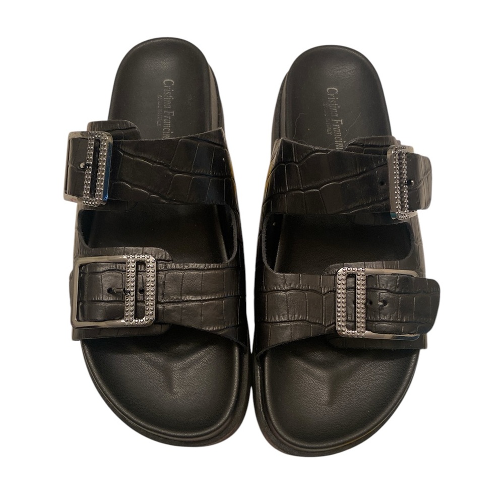 NWOT Cristina Francini Sandals Black Crocodile Embossed Silver Buckles WM SZ 9